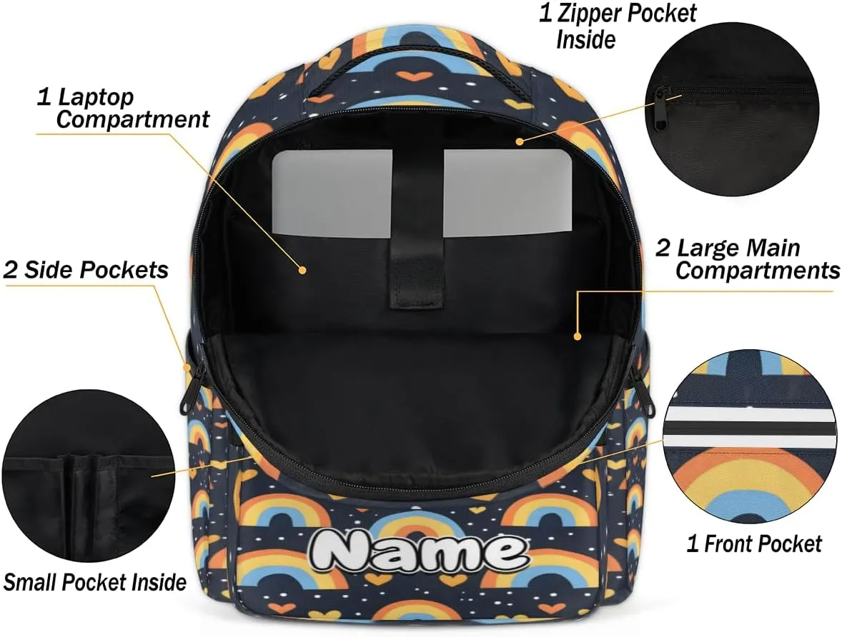 Rainbow Cartoon Print Personalized Laptop Backpack with Name Custom Shoulder Bags for Women Men Waterproof Travel Casual Daypack Laptop Bag Gifts 16.1in