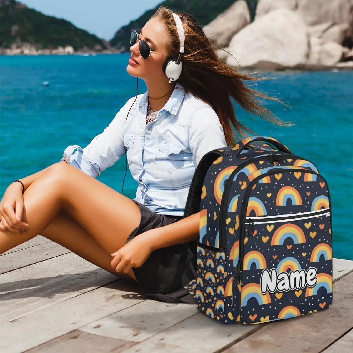 Rainbow Cartoon Print Personalized Laptop Backpack with Name Custom Shoulder Bags for Women Men Waterproof Travel Casual Daypack Laptop Bag Gifts 16.1in