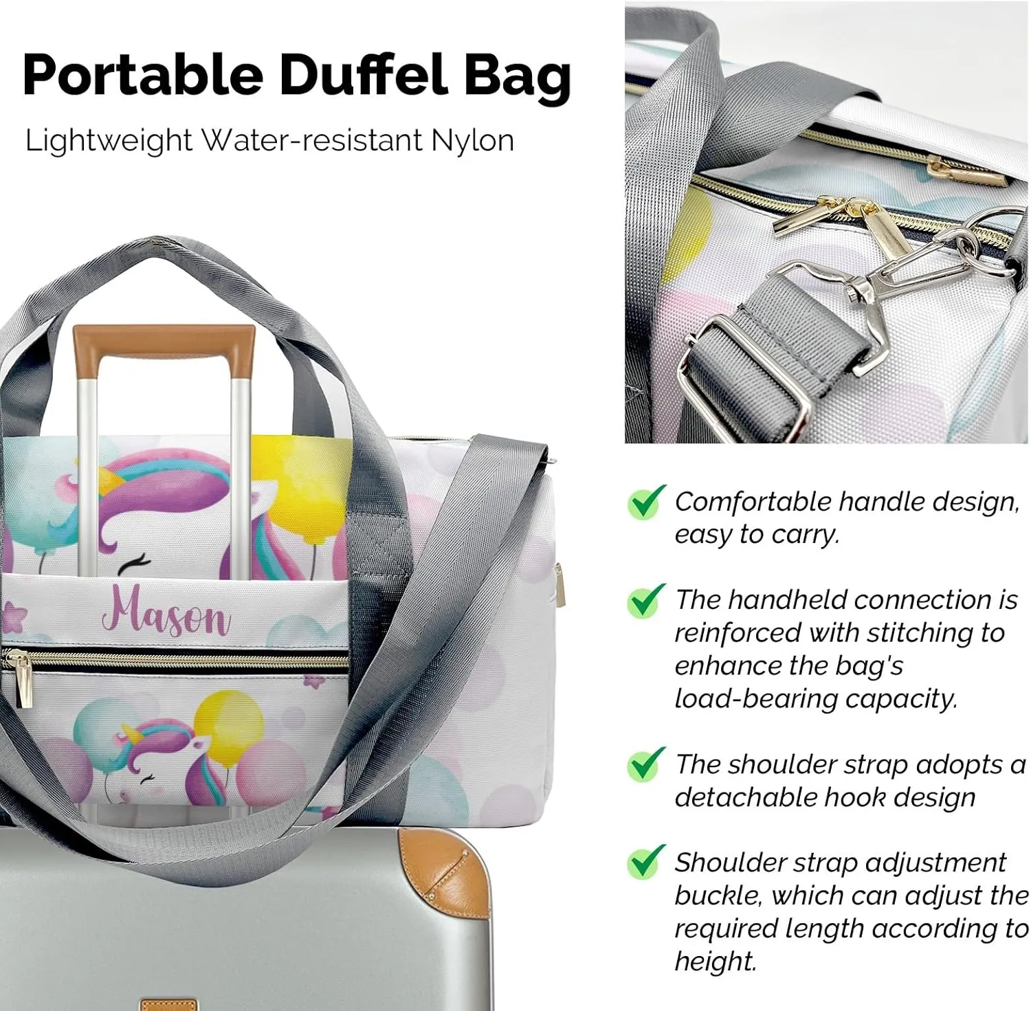 Rainbow Unicorn Cloud Stars Balloon Personalized Duffel Bag,Custom Travel Gym Bag with Name,Waterproof Sports Overnight Bag with Shoe Compartment & Shoulder Strap