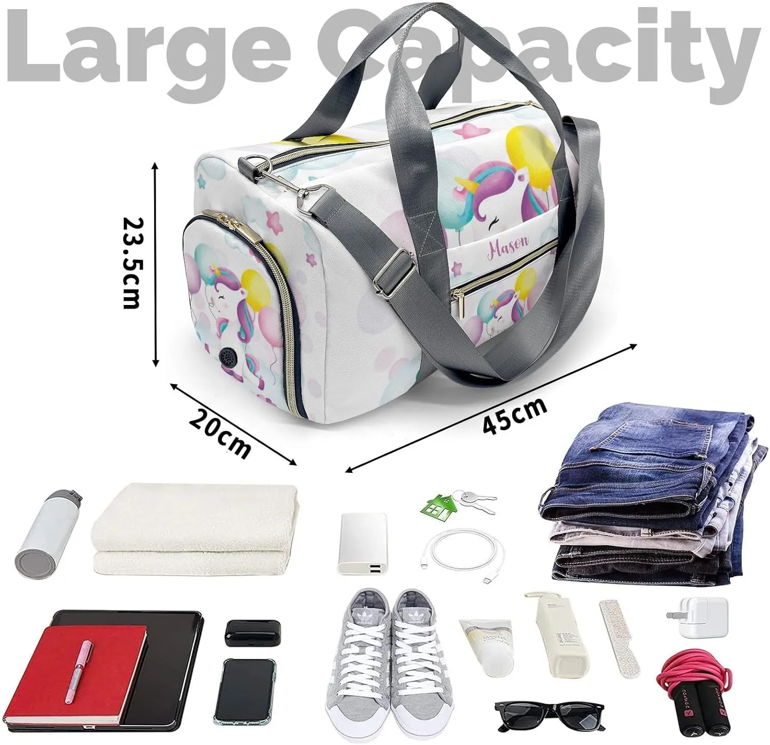 Rainbow Unicorn Cloud Stars Balloon Personalized Duffel Bag,Custom Travel Gym Bag with Name,Waterproof Sports Overnight Bag with Shoe Compartment & Shoulder Strap