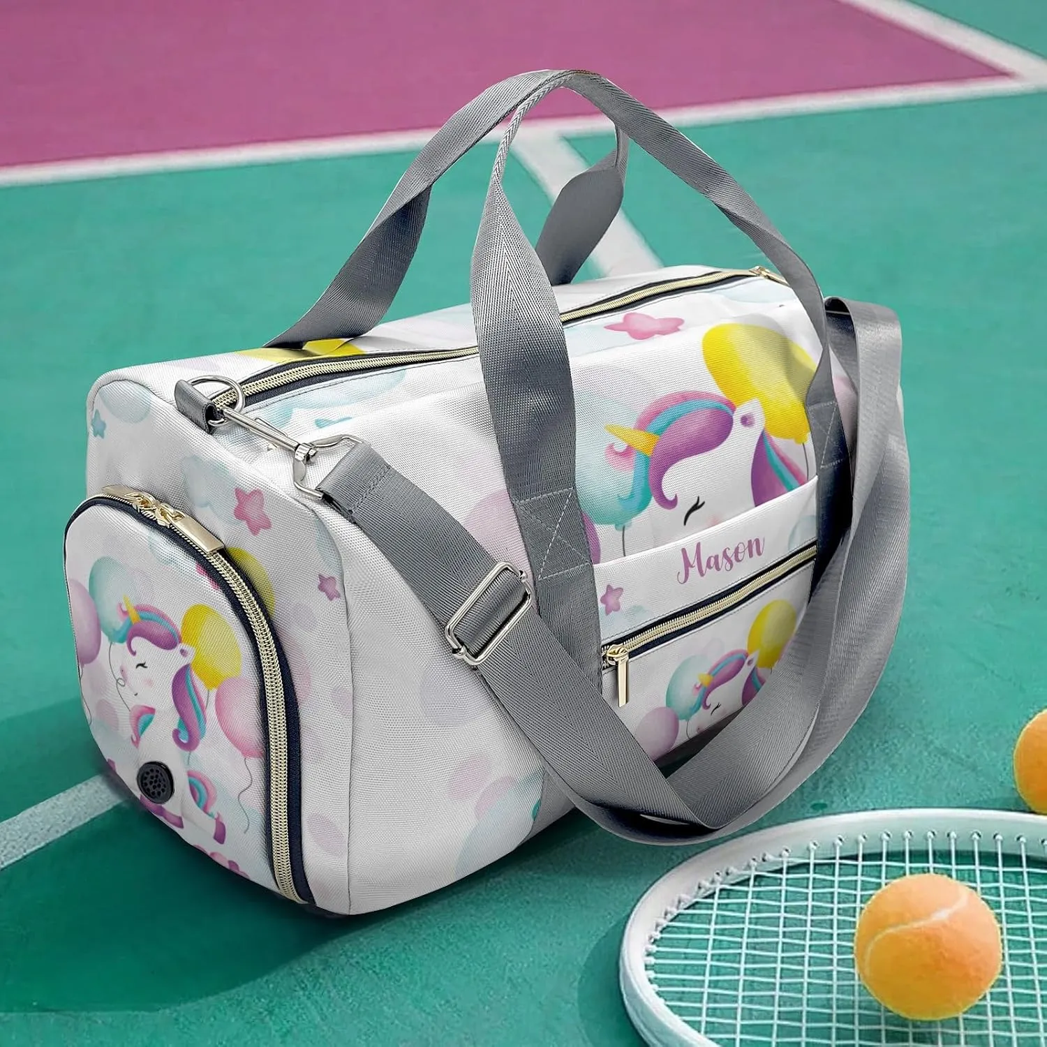 Rainbow Unicorn Cloud Stars Balloon Personalized Duffel Bag,Custom Travel Gym Bag with Name,Waterproof Sports Overnight Bag with Shoe Compartment & Shoulder Strap