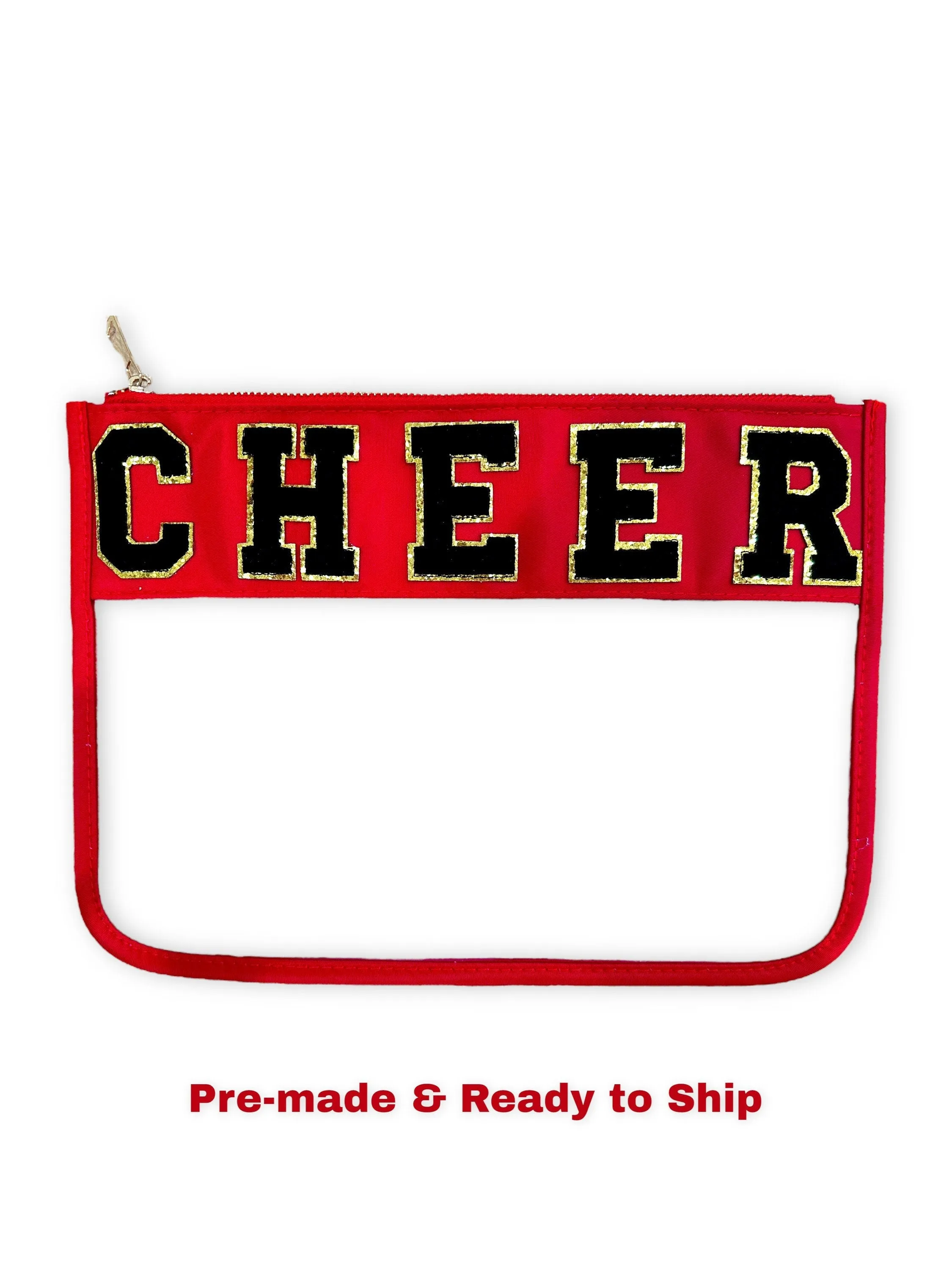 READY TO SHIP- Cheer Gift - Cheer Team, Cheer Mom Nylon Bag, Cosmetic Bag -Glitter Varsity Letter Patches Makeup Clear Snacks Pouch