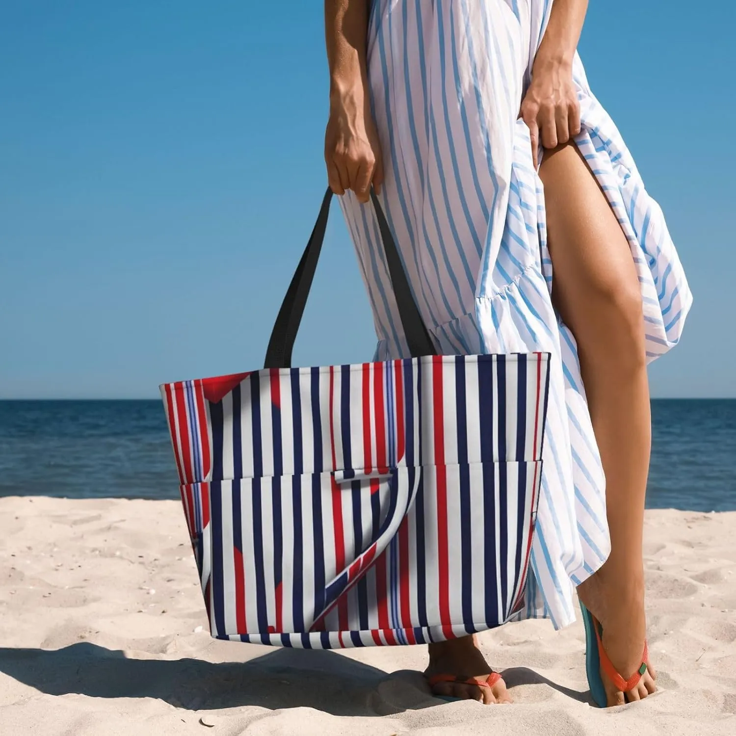 Red Blue White Gray Stripes Beach Bag and Pool Bag for Women Ton of Pockets. Beach Tote is Zippered Gym Bag Travel