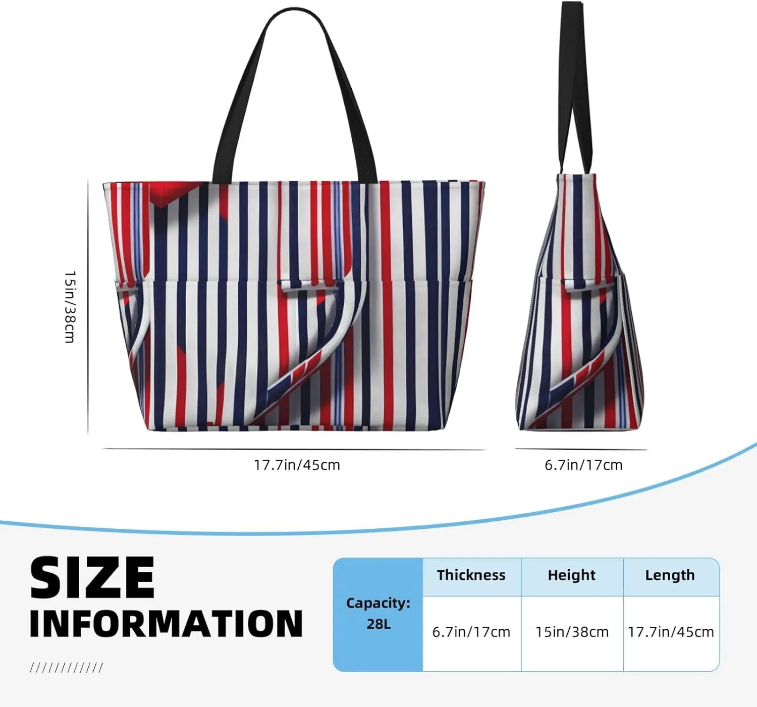 Red Blue White Gray Stripes Beach Bag and Pool Bag for Women Ton of Pockets. Beach Tote is Zippered Gym Bag Travel
