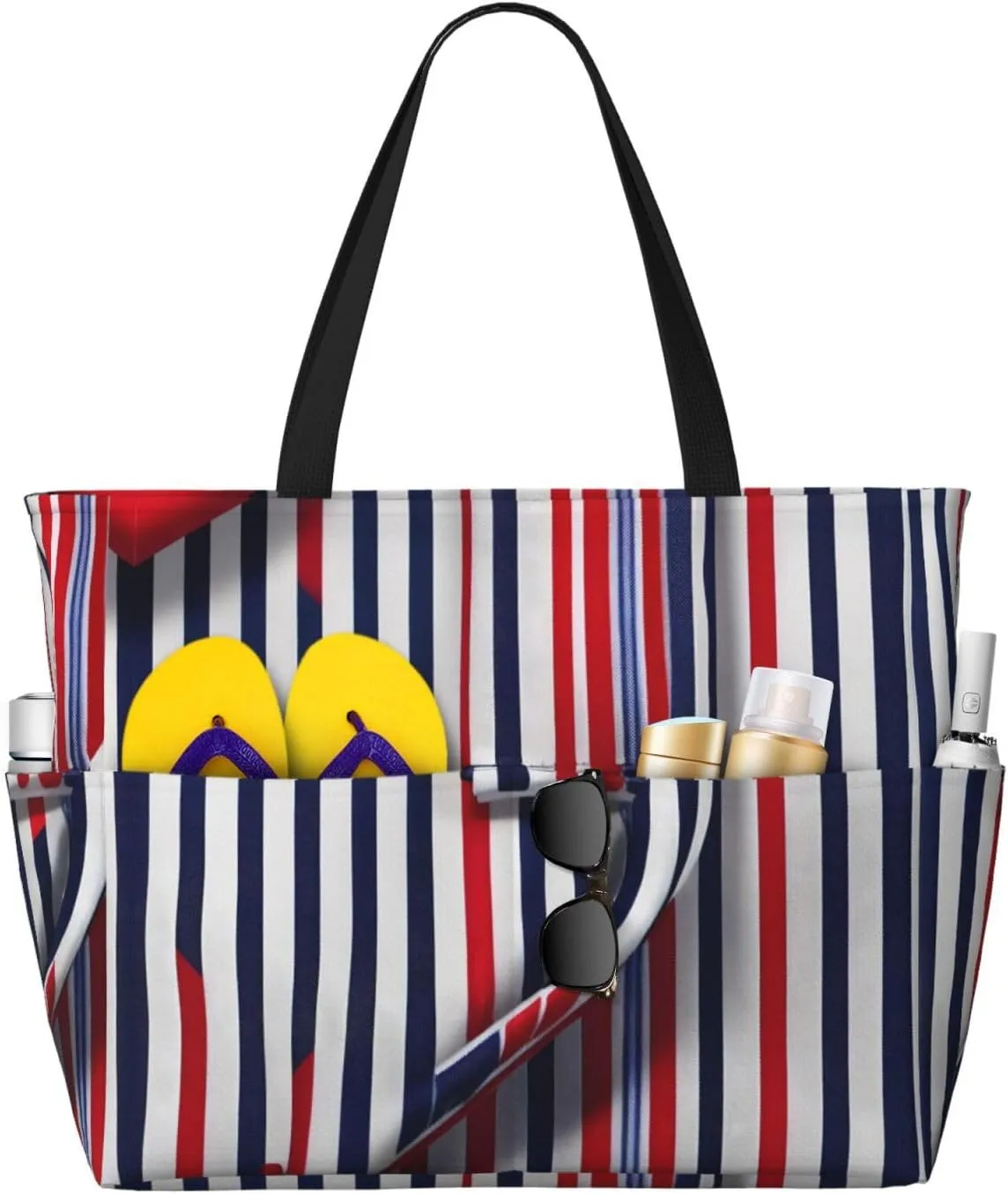 Red Blue White Gray Stripes Beach Bag and Pool Bag for Women Ton of Pockets. Beach Tote is Zippered Gym Bag Travel