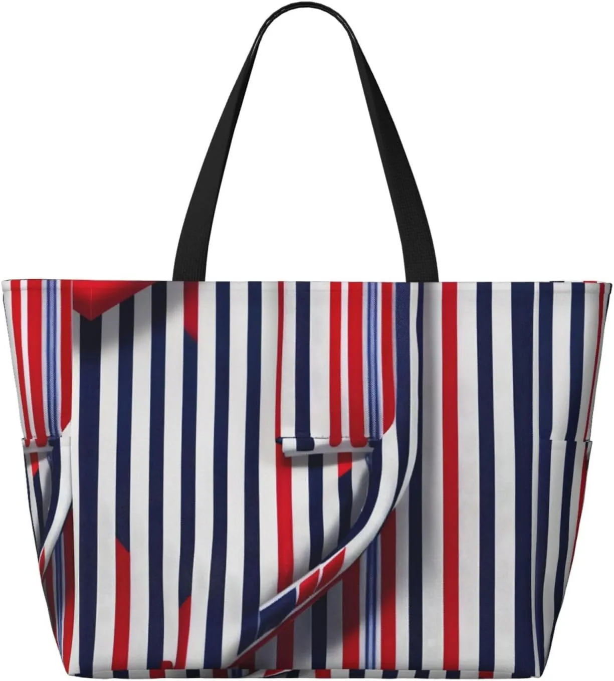 Red Blue White Gray Stripes Beach Bag and Pool Bag for Women Ton of Pockets. Beach Tote is Zippered Gym Bag Travel