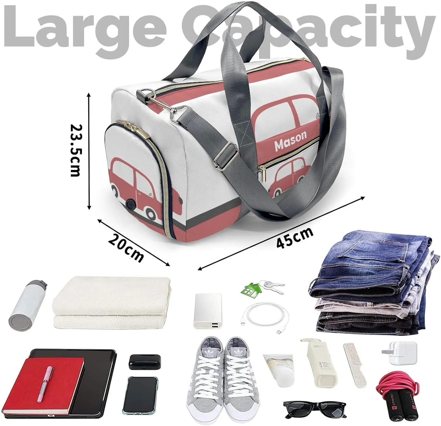 Red Car Personalized Duffel Bag,Custom Travel Gym Bag with Name,Waterproof Sports Overnight Bag with Shoe Compartment & Shoulder Strap
