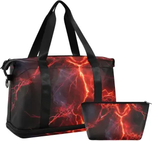 Red Lightning Spark Gym Bag - Weekender Overnight Bags for Women Men, Sport Travel Duffel Bag with Wet Pocket & Shoe Compartment
