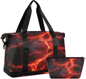 Red Lightning Spark Sports Gym Bag with Waterproof Dry Wet Pocket, Travel Duffel Bag for Women Men，Workout Bag Fits Yoga, Swimming