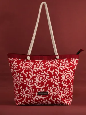 Red White Hand Block Printed Tote Bag - B0808