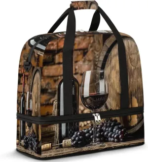 Red Wine Glass Travel Duffel Bag for Women Men, Grape Wooden Barrel Wine Bottle Sports Gym Bag with Shoes Compartment Foldable Overnight Bag Weekender Tote Workout Carry On Luggage Bag