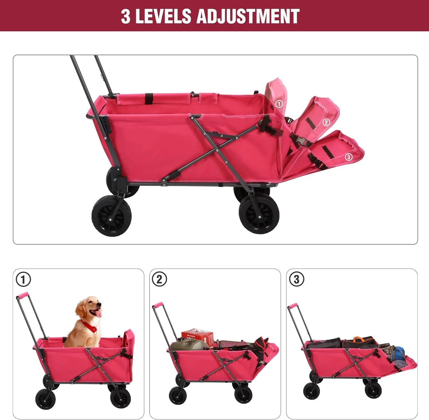 REDCAMP Folding Dog Wagon Cart with Extendable Rear End Heavy Duty, 220L Large Collapsible Utility Cart Dog Stroller with Tailgate for Sports Shopping Pet, Pink