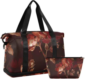 Reddish-brown Vintage Flowers Duffel Bag Gym Bag with Toiletry Bag for Workout Waterproof