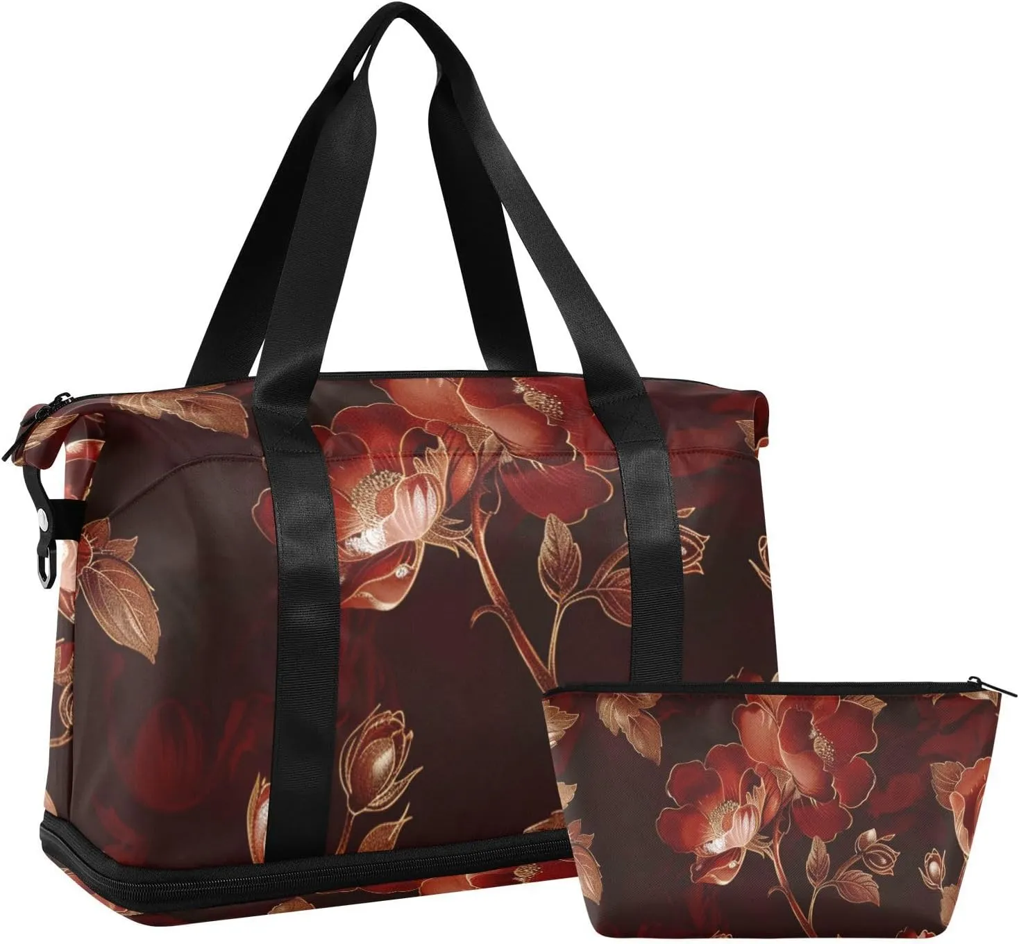 Reddish-brown Vintage Flowers Duffel Bag Gym Bag with Toiletry Bag for Workout Waterproof