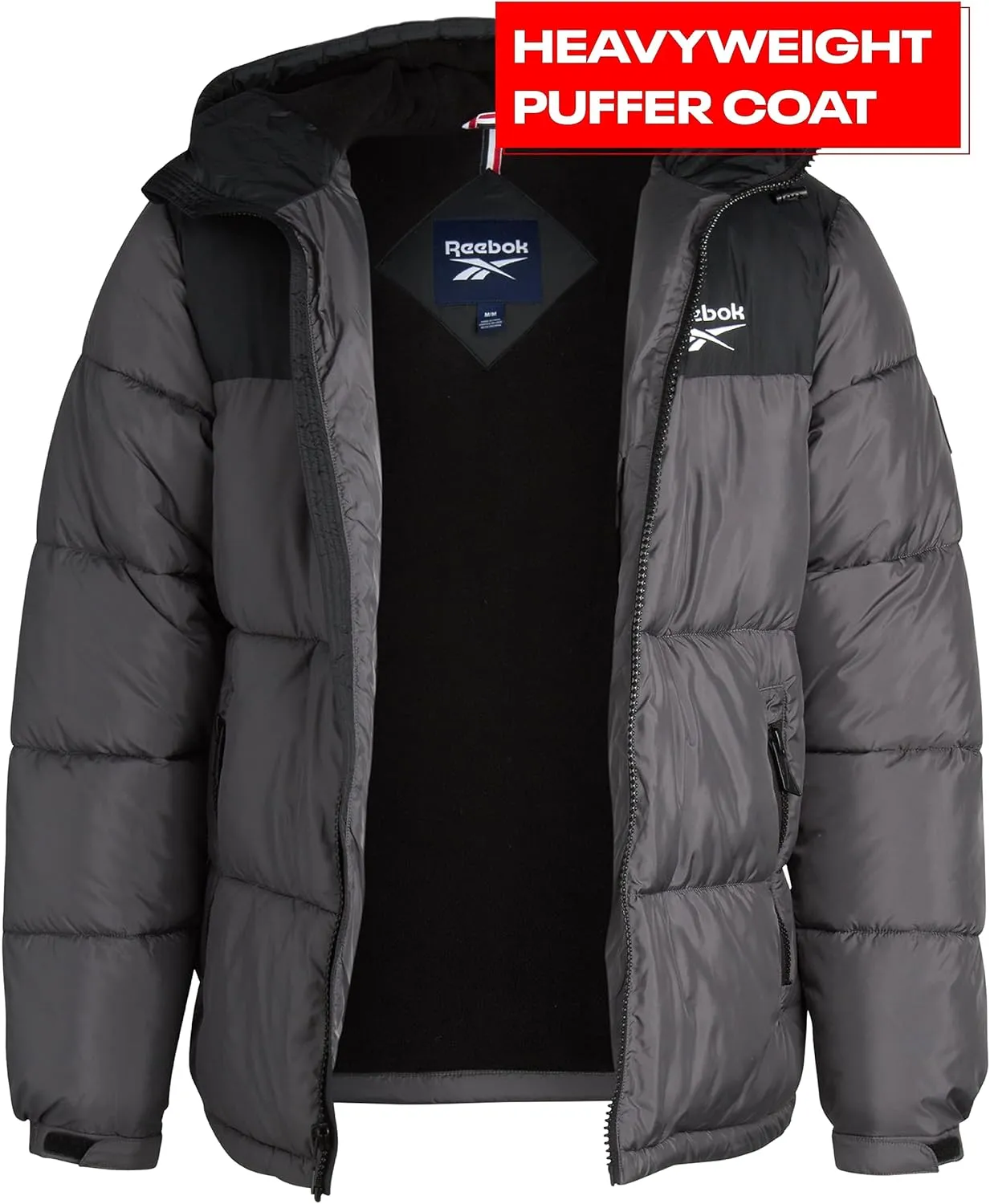 Reebok Mens Puffer Jacket - Heavyweight Quilted Mens Jacket with Wide Hood - Weather Resistant Winter Jackets for Men (S-XL)