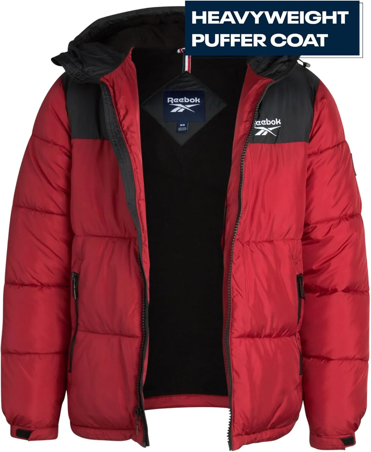 Reebok Mens Puffer Jacket - Heavyweight Quilted Mens Jacket with Wide Hood - Weather Resistant Winter Jackets for Men (S-XL)