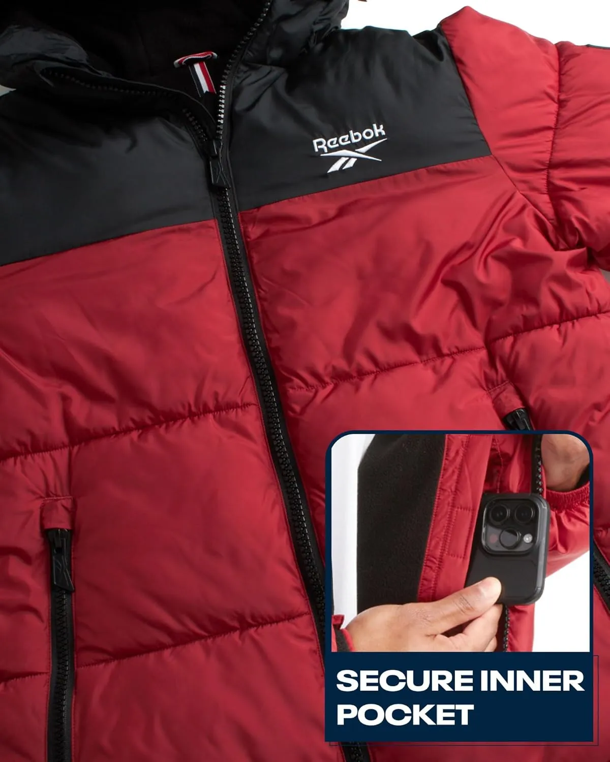 Reebok Mens Puffer Jacket - Heavyweight Quilted Mens Jacket with Wide Hood - Weather Resistant Winter Jackets for Men (S-XL)