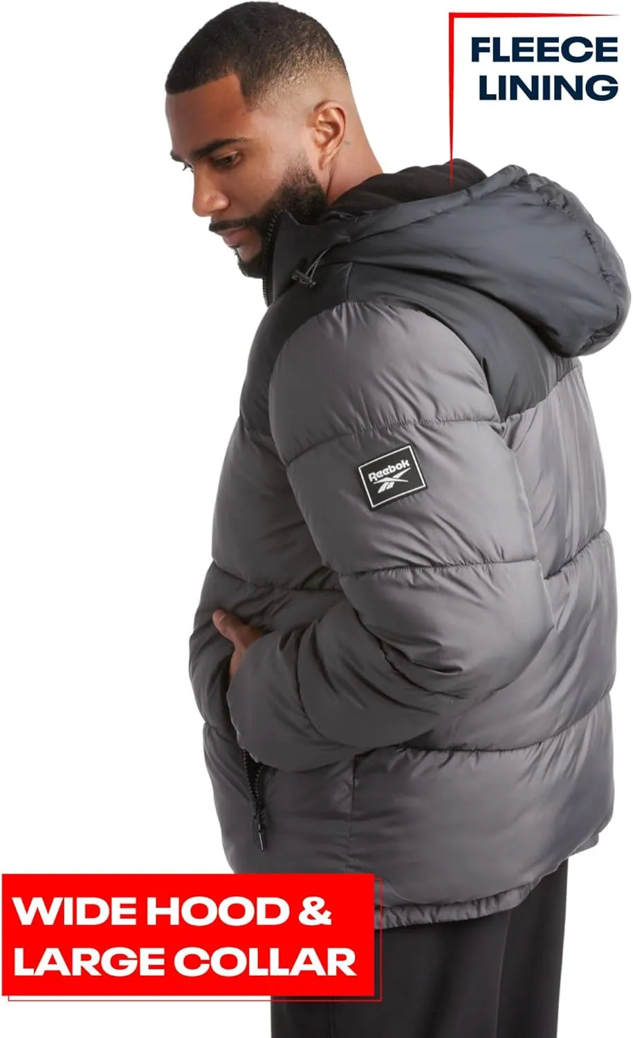 Reebok Mens Puffer Jacket - Heavyweight Quilted Mens Jacket with Wide Hood - Weather Resistant Winter Jackets for Men (S-XL)