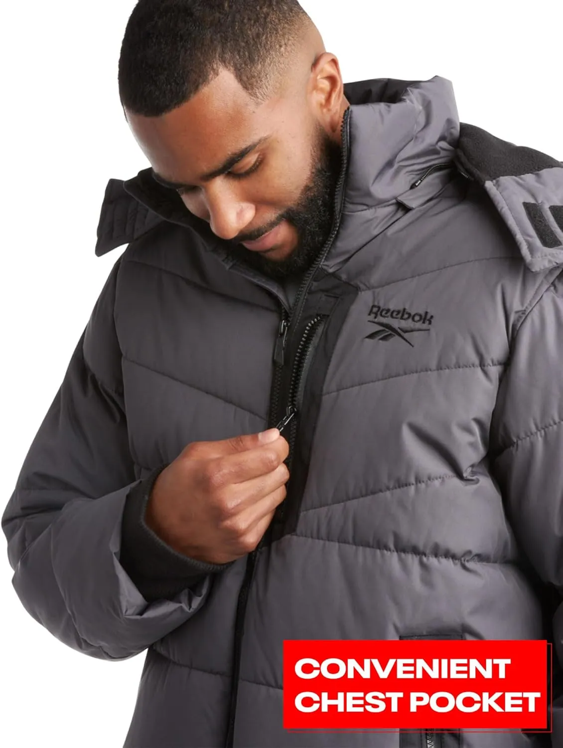 Reebok Mens Puffer Jacket - Heavyweight Quilted Parka Mens Jacket with Hood - Weather Resistant Ski Winter Jackets for Men