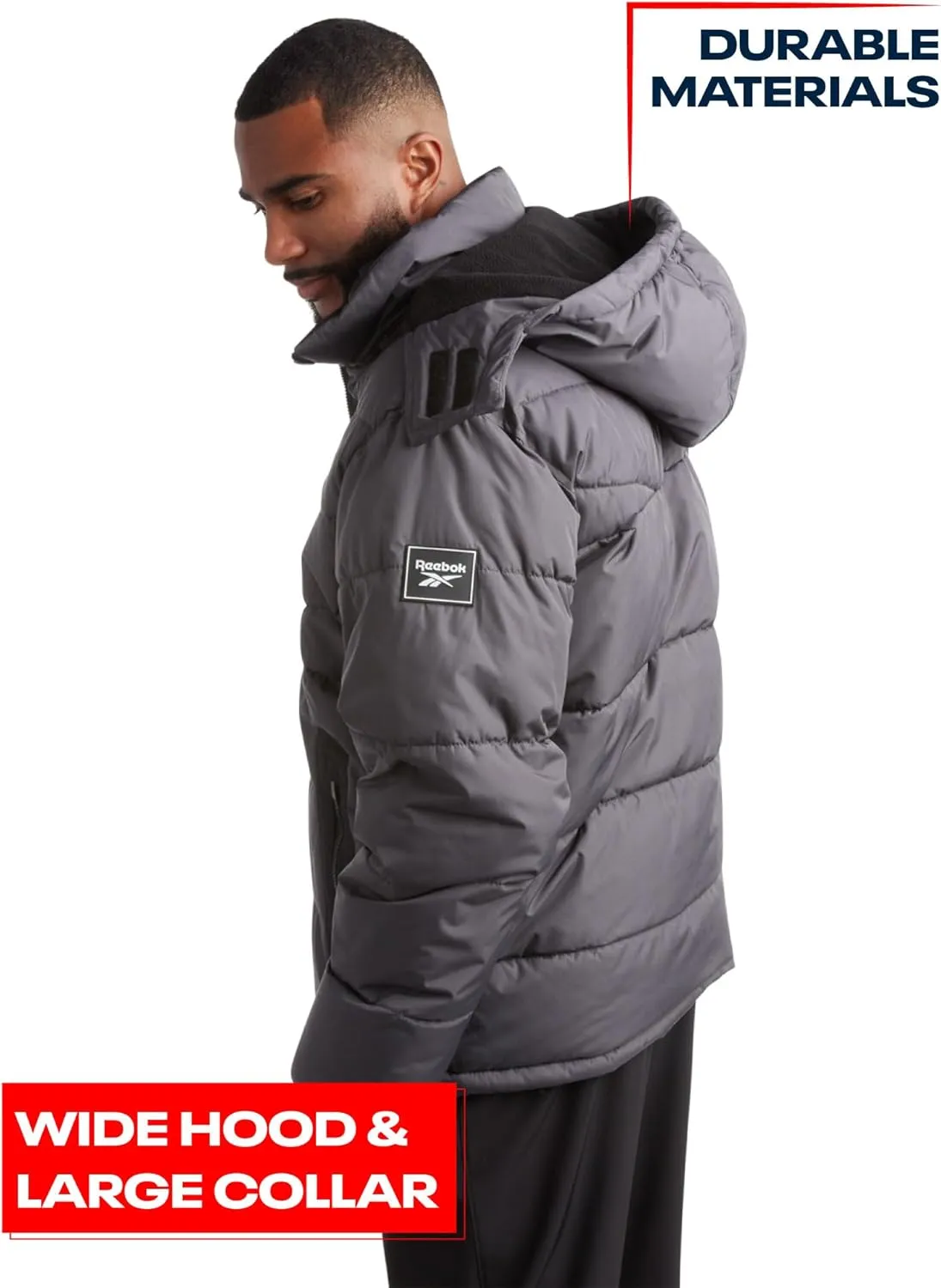 Reebok Mens Puffer Jacket - Heavyweight Quilted Parka Mens Jacket with Hood - Weather Resistant Ski Winter Jackets for Men