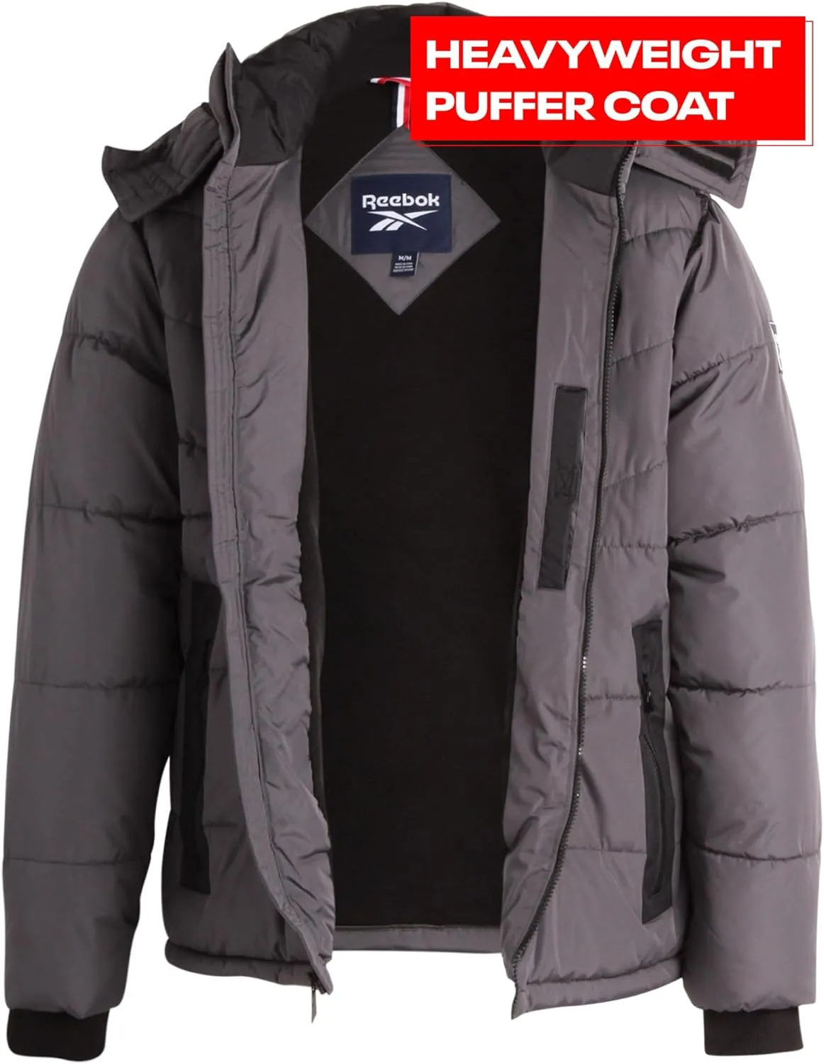 Reebok Mens Puffer Jacket - Heavyweight Quilted Parka Mens Jacket with Hood - Weather Resistant Ski Winter Jackets for Men