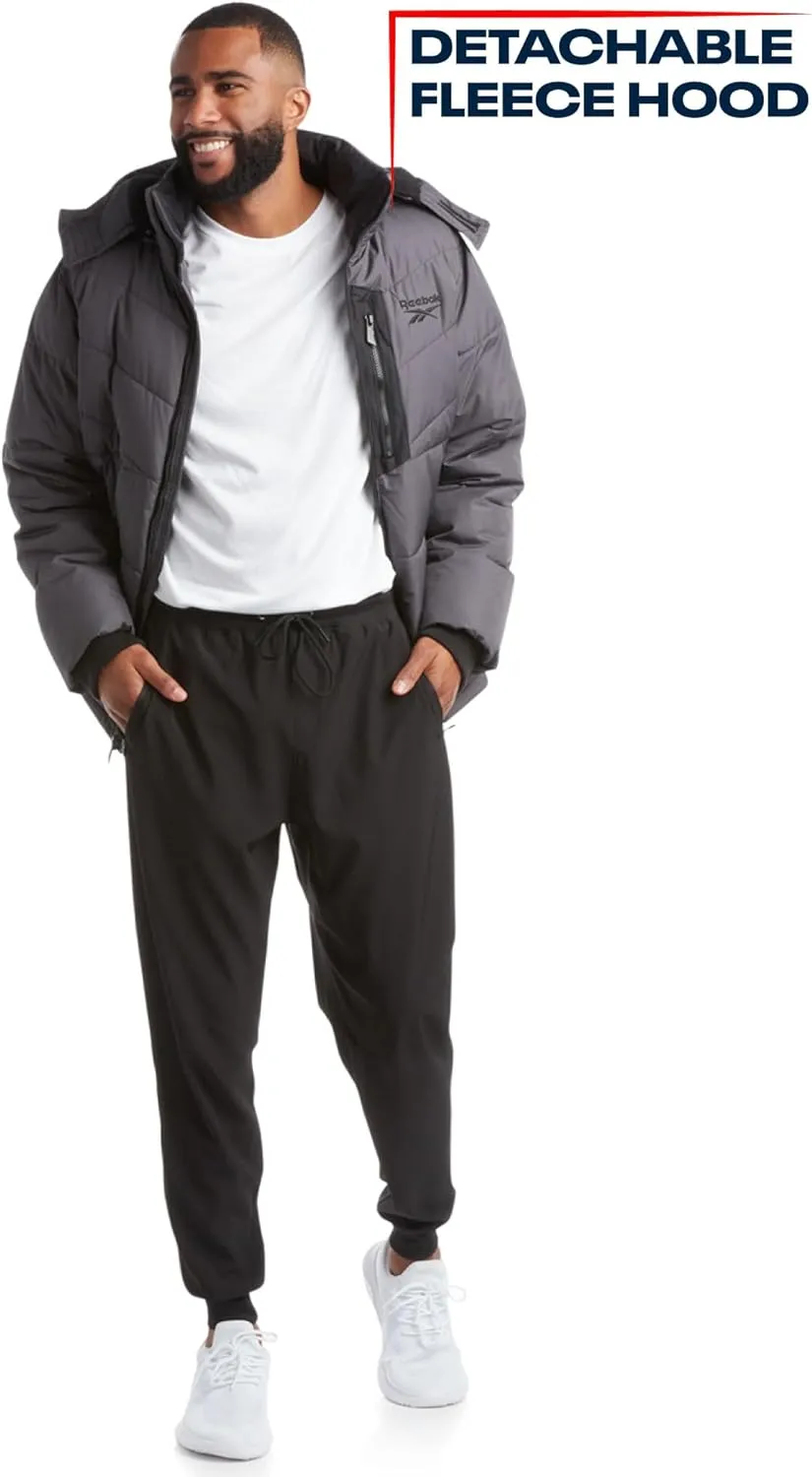 Reebok Mens Puffer Jacket - Heavyweight Quilted Parka Mens Jacket with Hood - Weather Resistant Ski Winter Jackets for Men