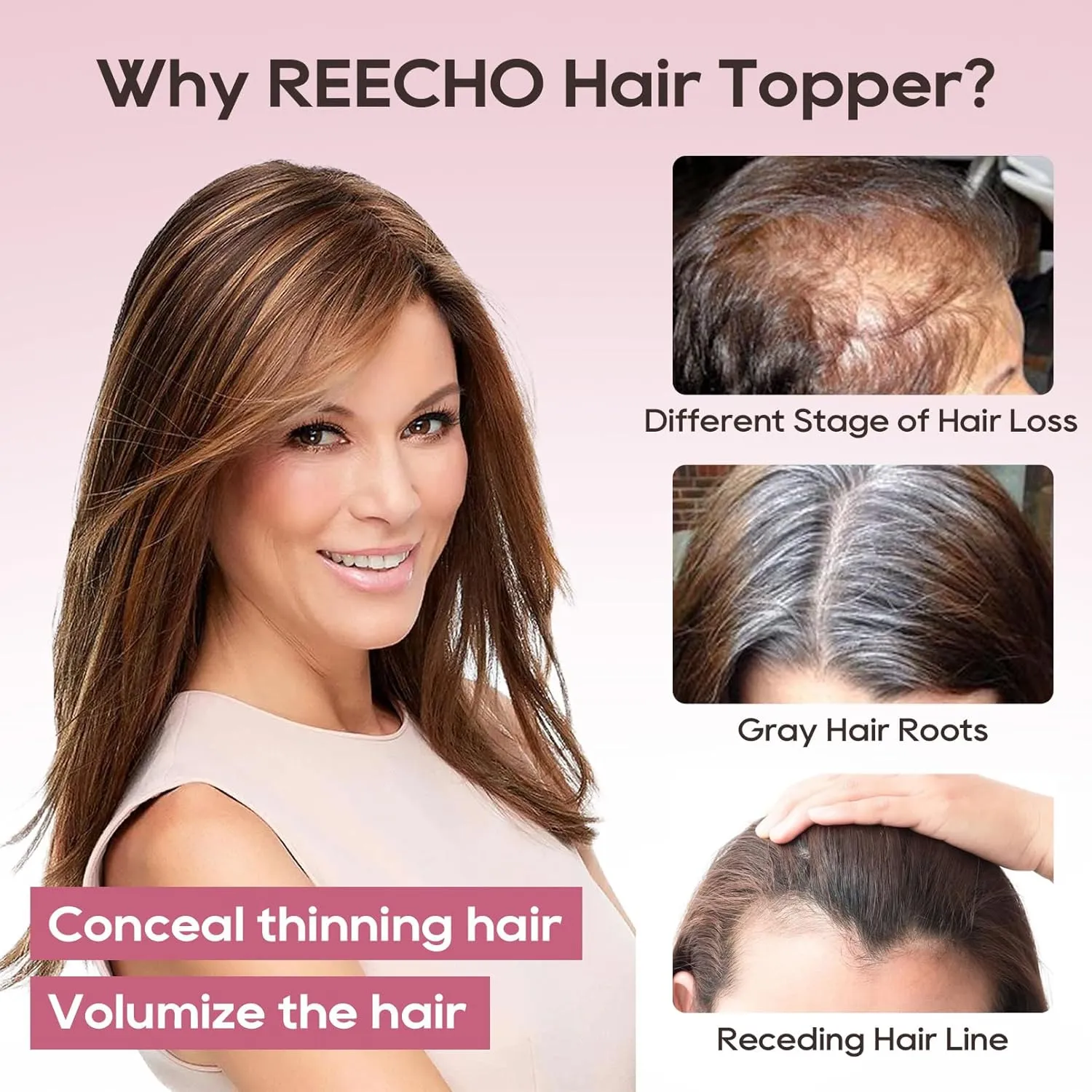 REECHO Real Human Hair Topper, 10 inch Women Hair Toppers for Thinning Hair, 100 Percent Human Hair Large Coverage Natural Hairpiece Wiglet, Standard Base 3.5"x2", Grey