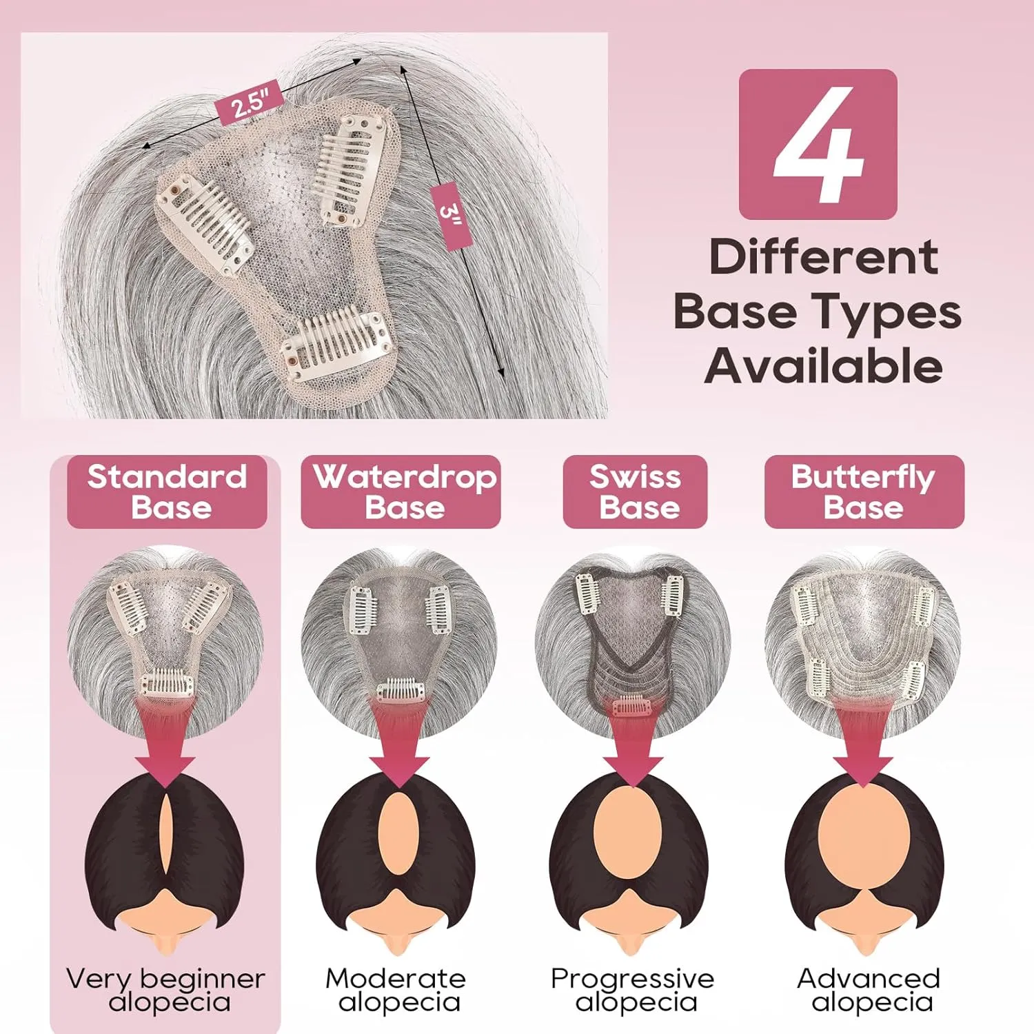 REECHO Real Human Hair Topper, 10 inch Women Hair Toppers for Thinning Hair, 100 Percent Human Hair Large Coverage Natural Hairpiece Wiglet, Standard Base 3.5"x2", Grey