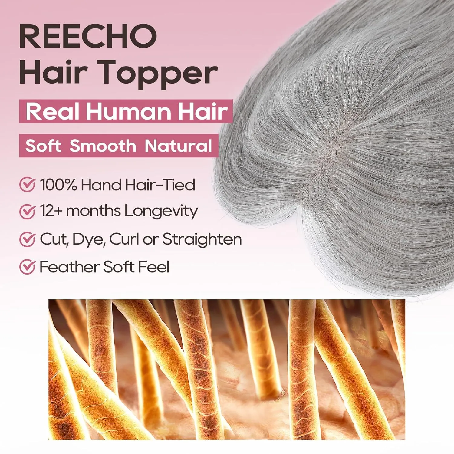 REECHO Real Human Hair Topper, 10 inch Women Hair Toppers for Thinning Hair, 100 Percent Human Hair Large Coverage Natural Hairpiece Wiglet, Standard Base 3.5"x2", Grey