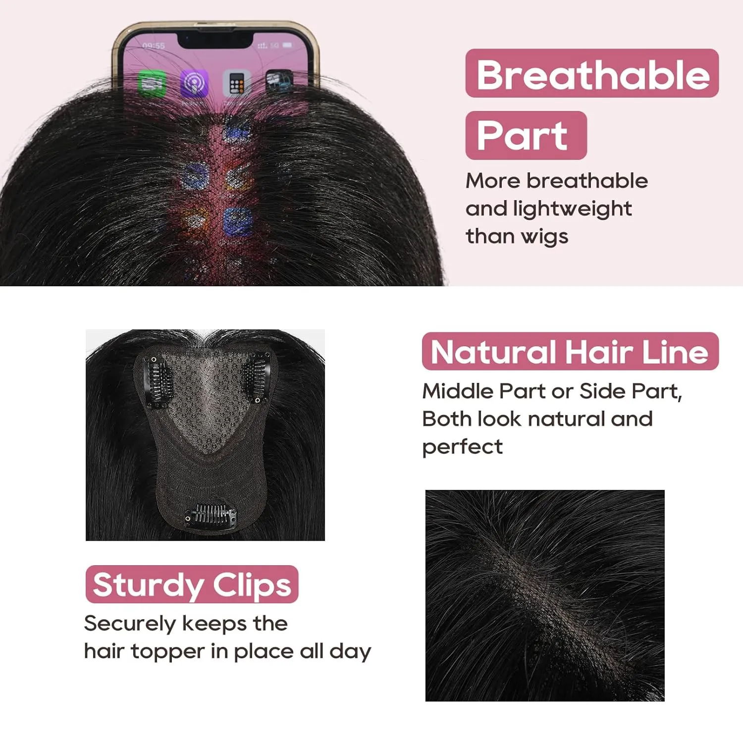 REECHO Real Human Hair Topper, 10 inch Women Hair Toppers for Thinning Hair, 100 Percent Human Hair Large Coverage Natural Hairpiece Wiglet, Standard Base 3.5"x2", Grey
