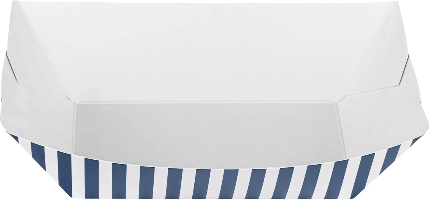 Restaurantware Bio Tek 1 Pound Food Boats, 50 Disposable Paper Food Trays - Heavy-Duty, Greaseproof, Striped Paper Food Boats, For Snacks, Appetizers, Or Treats, Use At Parties Or Carnivals