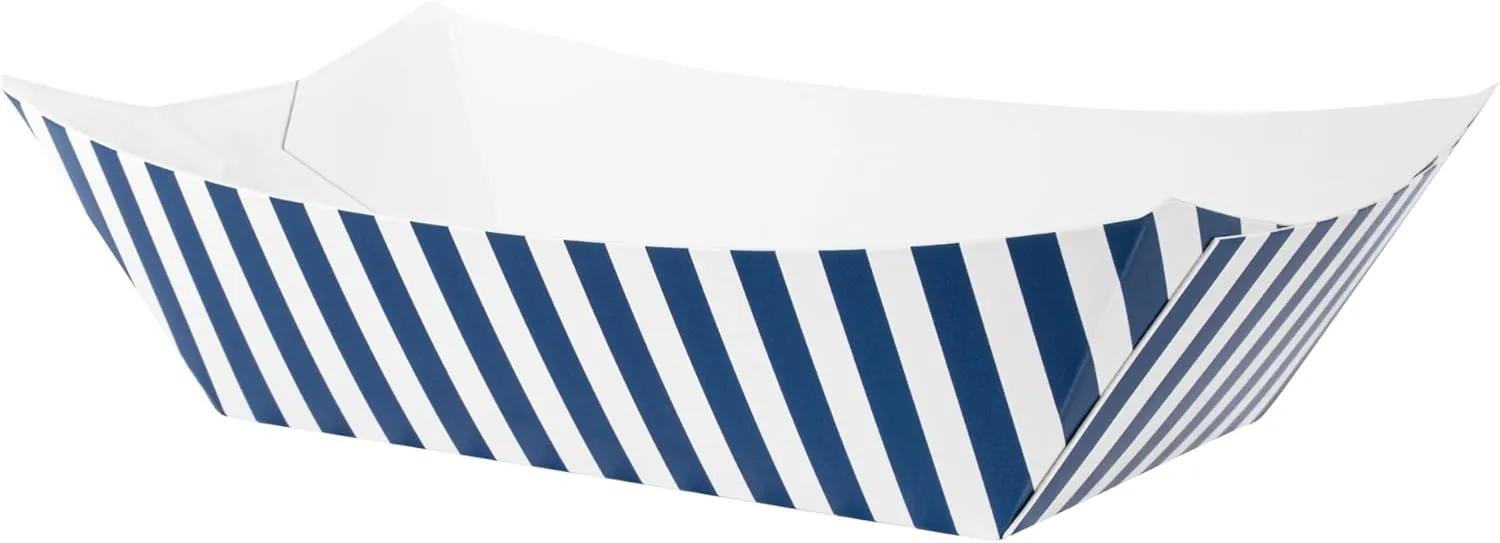 Restaurantware Bio Tek 1 Pound Food Boats, 50 Disposable Paper Food Trays - Heavy-Duty, Greaseproof, Striped Paper Food Boats, For Snacks, Appetizers, Or Treats, Use At Parties Or Carnivals