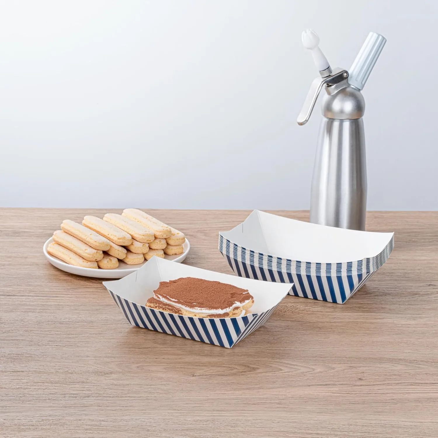 Restaurantware Bio Tek 1 Pound Food Boats, 50 Disposable Paper Food Trays - Heavy-Duty, Greaseproof, Striped Paper Food Boats, For Snacks, Appetizers, Or Treats, Use At Parties Or Carnivals