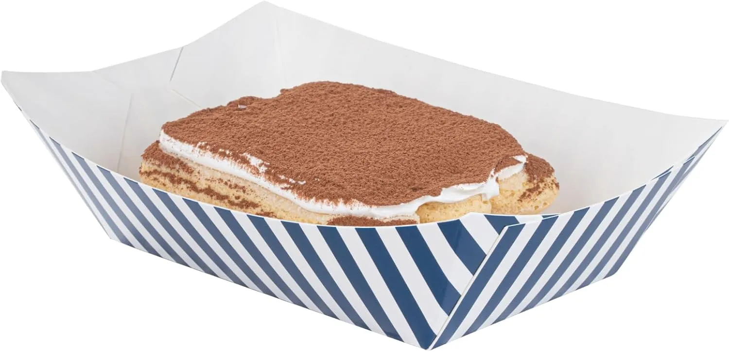 Restaurantware Bio Tek 1 Pound Food Boats, 50 Disposable Paper Food Trays - Heavy-Duty, Greaseproof, Striped Paper Food Boats, For Snacks, Appetizers, Or Treats, Use At Parties Or Carnivals