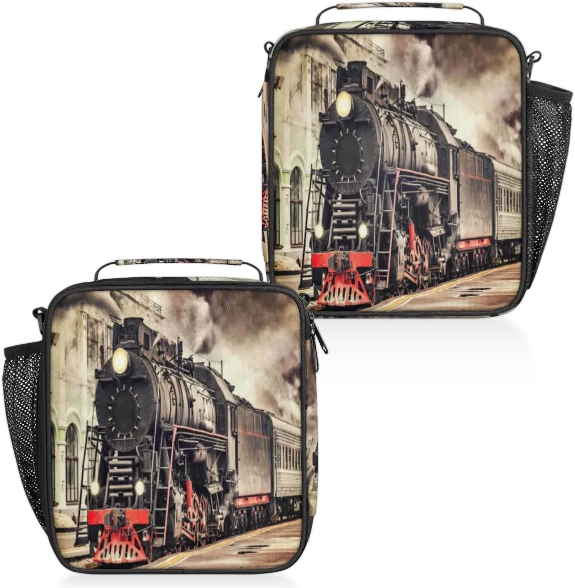 Retro Steam Train Insulated Lunch Bag Reusable Waterproofing Lunch Box with Shoulder Strap Handle and Water Bottle Net Bag for Travel Camping Beach Picnic