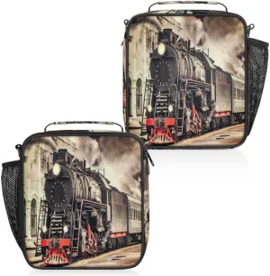 Retro Steam Train Insulated Lunch Bag Reusable Waterproofing Lunch Box with Shoulder Strap Handle and Water Bottle Net Bag for Travel Camping Beach Picnic