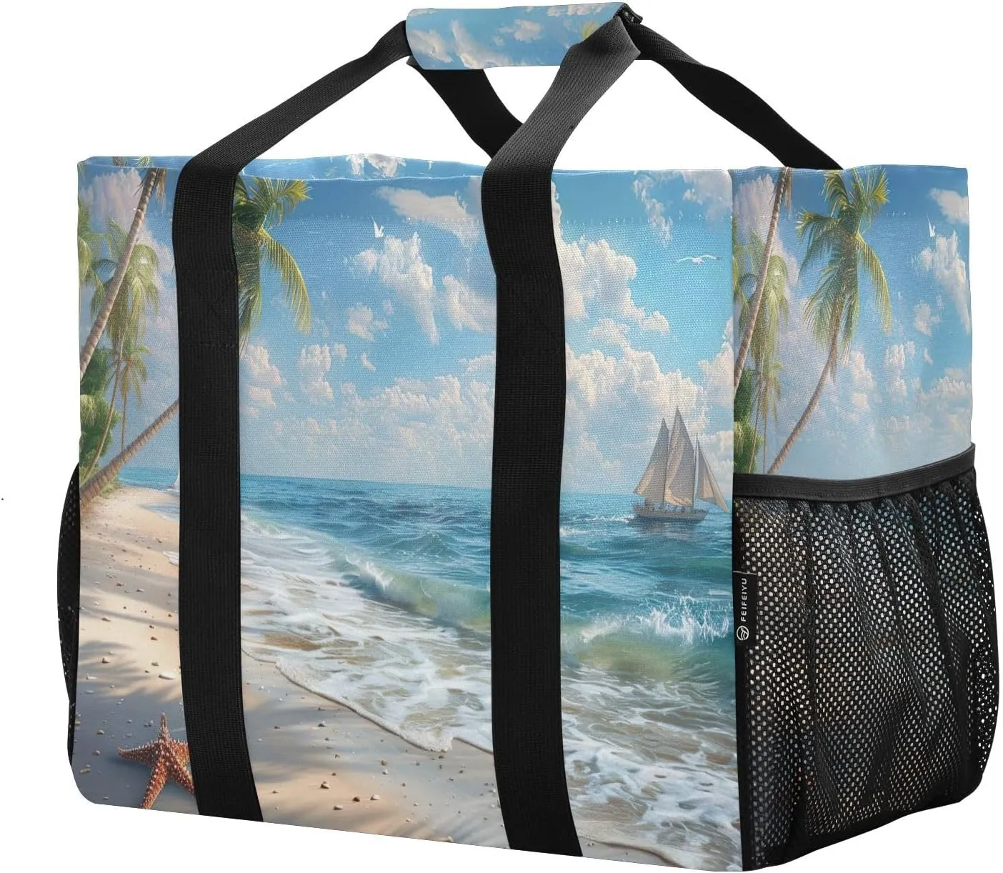 Reusable Grocery Bags with Reinforced Handles & Side Pockets, Palm Tree Beach Waterproof Beach Tote Bag Large Foldable Handbags for Shopping, Travel, Gym