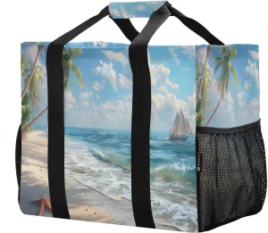 Reusable Grocery Bags with Reinforced Handles & Side Pockets, Palm Tree Beach Waterproof Beach Tote Bag Large Foldable Handbags for Shopping, Travel, Gym