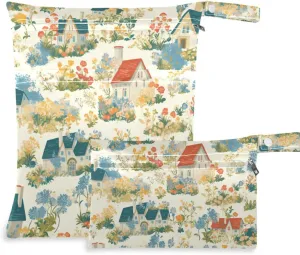 reusable suit bag waterproof 2 Pack travel essentials for flying with handles for travel, pool Pastoral Cartoon Houses Florals