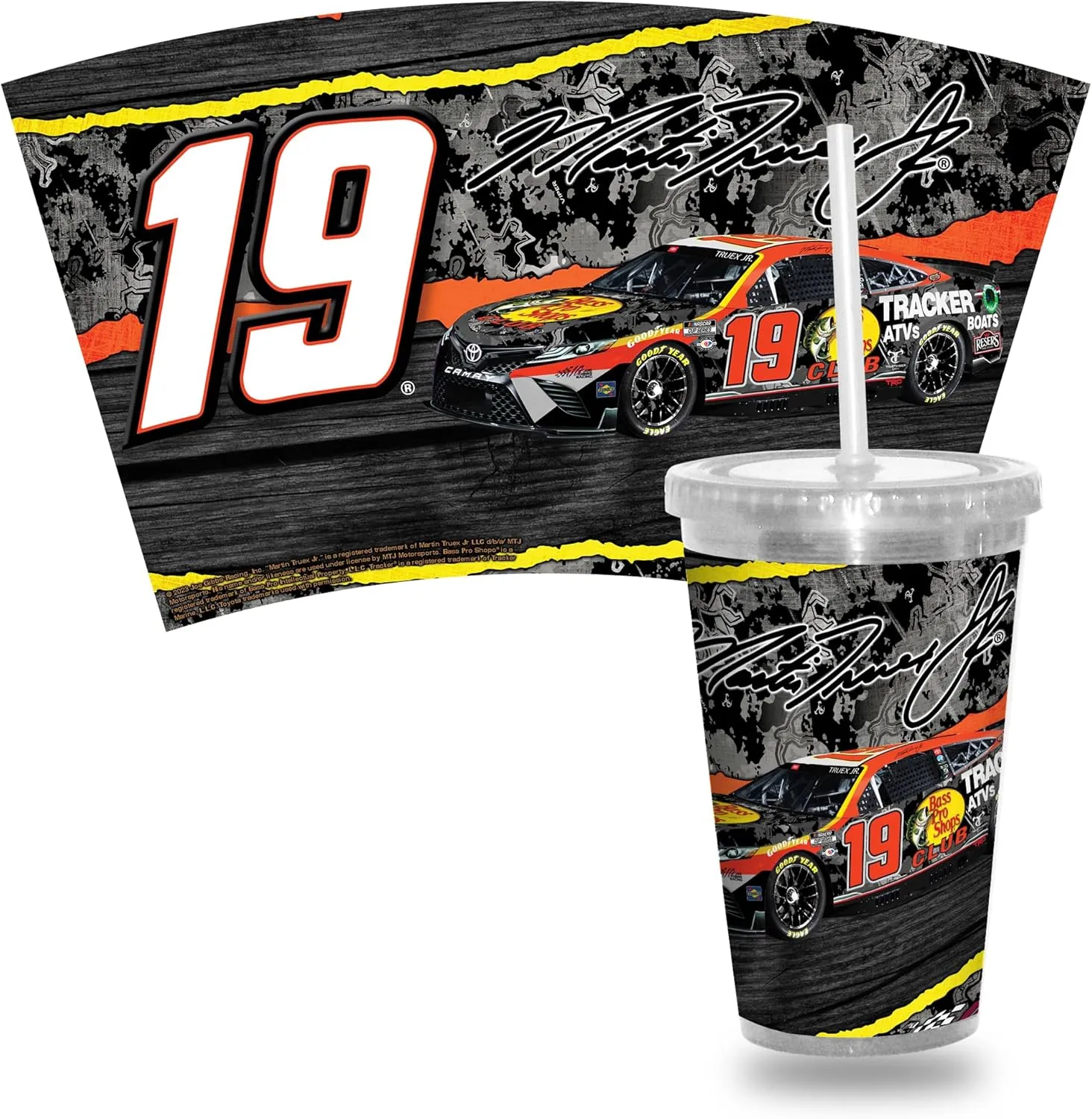 Rico Industries NASCAR Racing Martin Truex Jr #19 Bass Pro Shops 2023 Team 16oz Clear Tumbler W/Straw - Team Colored Travel Tumbler - Keeps Drinks Cold or Hot