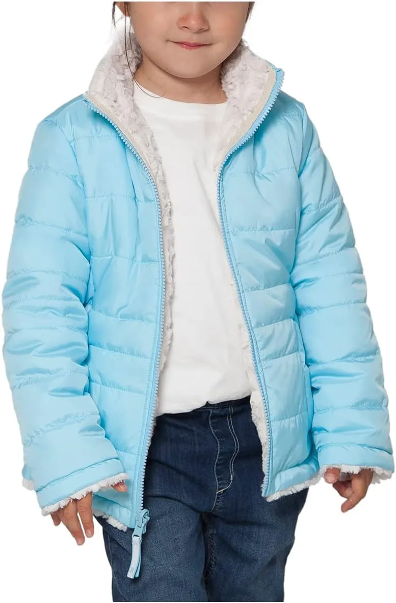 Rokka&Rolla Girls' Reversible Water-Resistant Teddy Sherpa Fleece Puffer Jacket Winter Coat