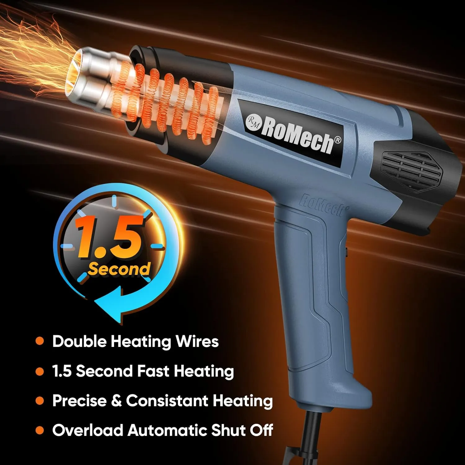 ROMECH Heat Gun, Heavy Duty Fast Heating, Variable Control 120°F~1200°F (50℃-500℃) 4 Nozzles Heat Gun for Crafting, Shrink Tubing,Vinyl Wrap (Blue)