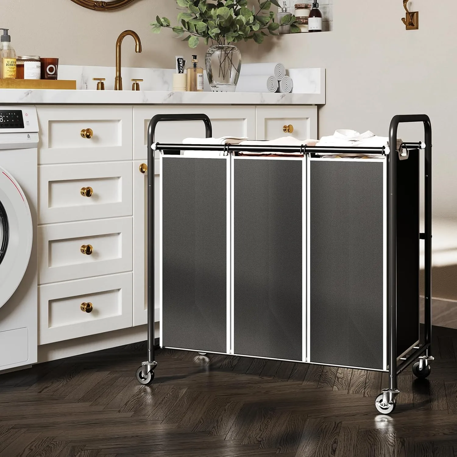 ROMOON 3 Compartment Heavy Duty Laundry Sorter, Hamper with Removable Liners and Wheels, Space-Saving Organizer for Laundry Room, Apartment, Dorm, Closet Storage (Black)
