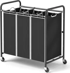 ROMOON 3 Compartment Heavy Duty Laundry Sorter, Hamper with Removable Liners and Wheels, Space-Saving Organizer for Laundry Room, Apartment, Dorm, Closet Storage (Black)