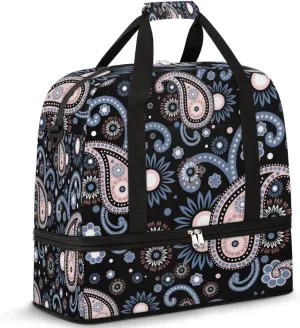 Rose Quartz And Serenity Paisley Pattern Travel Duffle Bag, Large Sports Gym Bag with Shoe Compartment, Carry on Tote Bag, Foldable Weekender Overnight Bag for Women Men