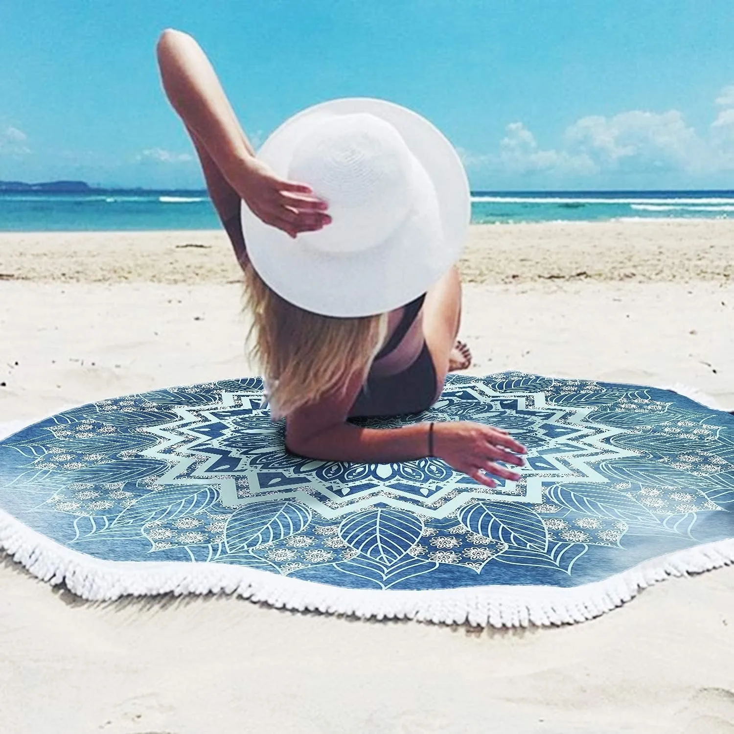 RosieLily Round Mandala Beach Towel, Microfiber Hippie Boho Extra Large Sand Proof Quick Dry Beach Blanket, Circle Pool Picnic Table Mediation Yoga Mat, 59 inch Towel with Tassels Gifts for Women