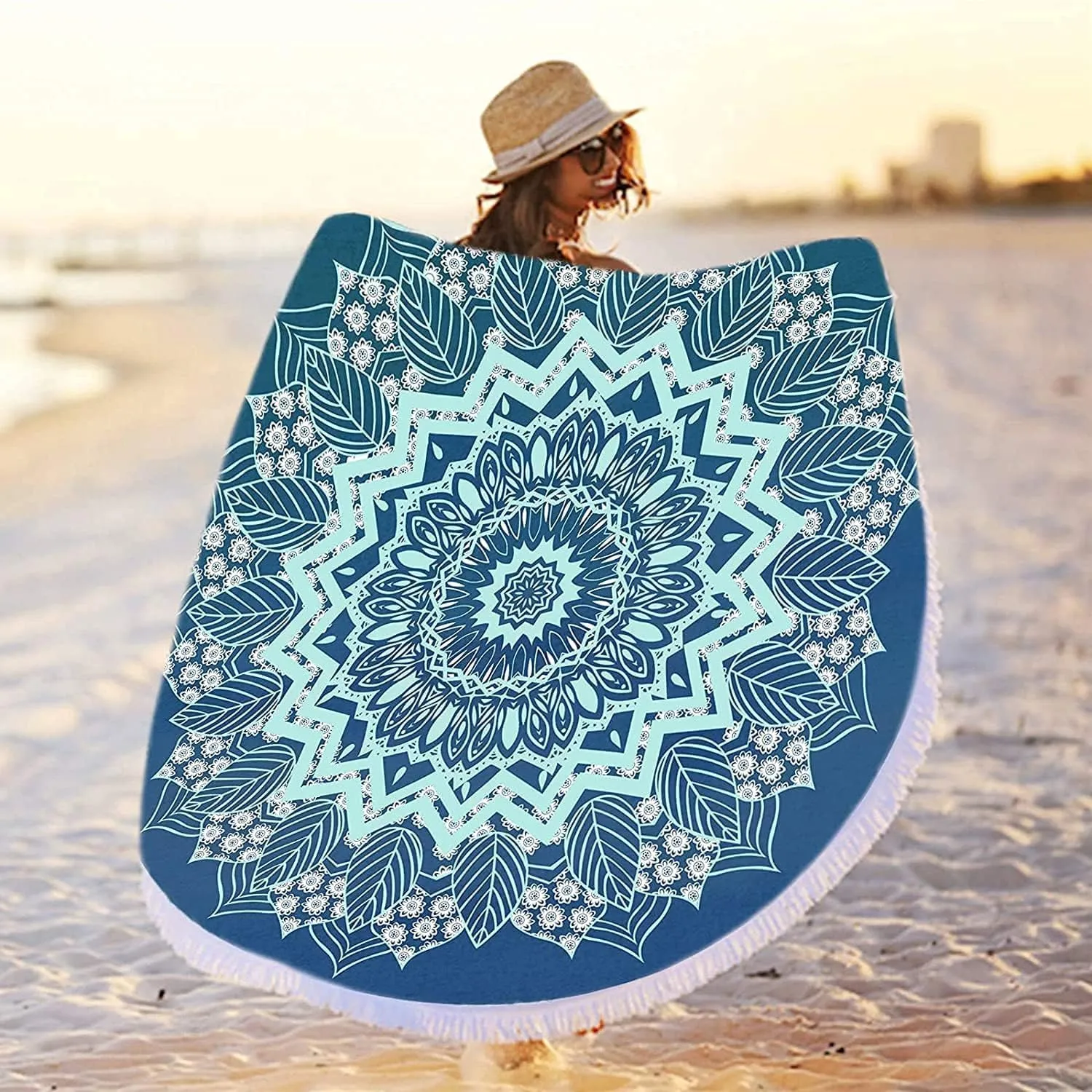 RosieLily Round Mandala Beach Towel, Microfiber Hippie Boho Extra Large Sand Proof Quick Dry Beach Blanket, Circle Pool Picnic Table Mediation Yoga Mat, 59 inch Towel with Tassels Gifts for Women