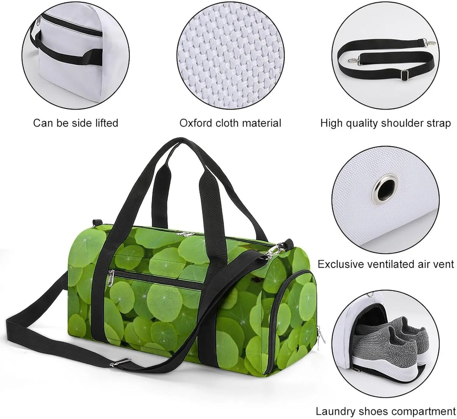 Round Green Leaves Sports Tote Gym Bag for Women Men, Overnight Bag with Shoe Compartment Water Resistant