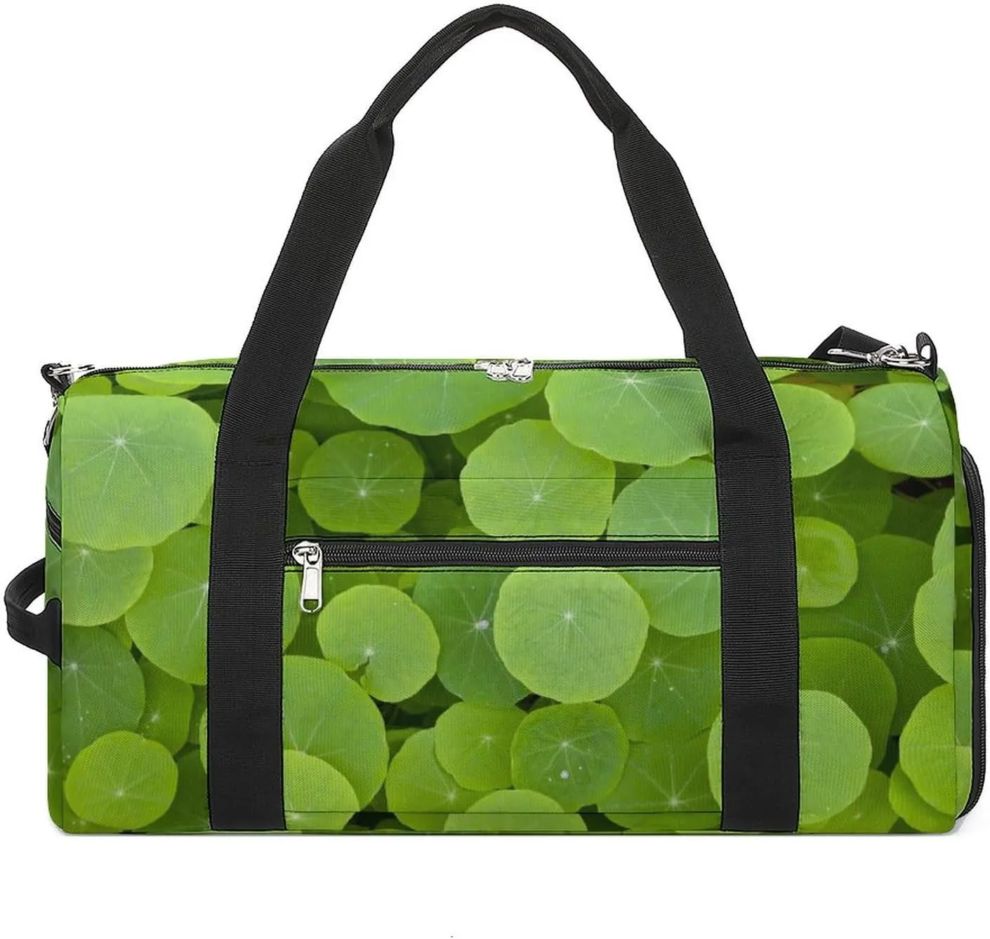 Round Green Leaves Sports Tote Gym Bag for Women Men, Overnight Bag with Shoe Compartment Water Resistant