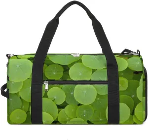 Round Green Leaves Sports Tote Gym Bag for Women Men, Overnight Bag with Shoe Compartment Water Resistant